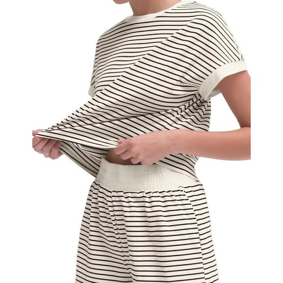 Women White Stripe Knit Lounge Set,Two Piece Set Matching Set Shorts Sleepwear - Picture 2 of 6